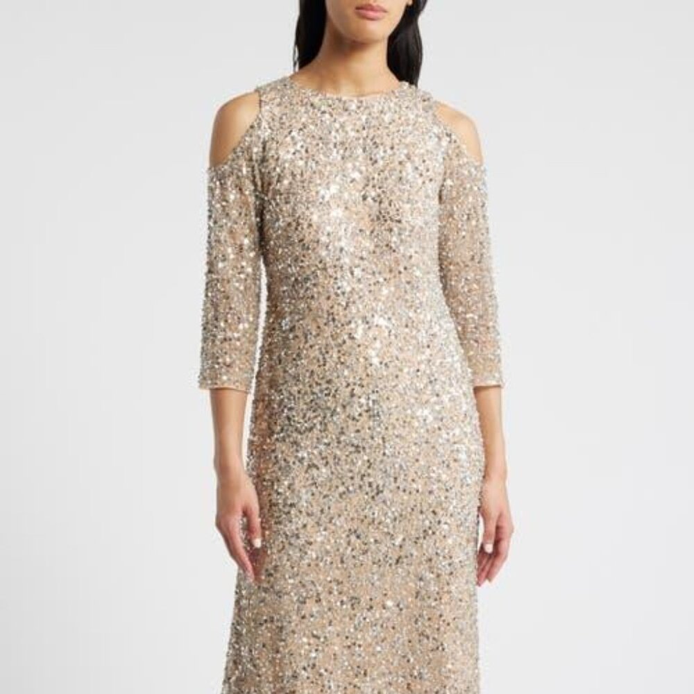 Pisarro Nights cold shoulder sequin beaded blush silver gown dress size 18